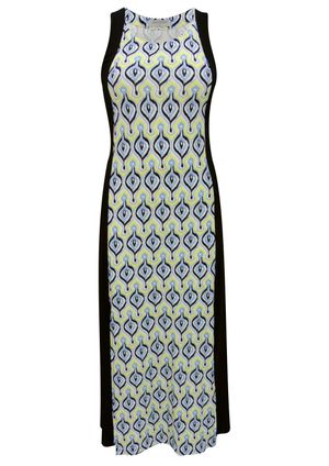 Vestido Pau a Pique Longo Estampado Azul Marinho e Amarelo