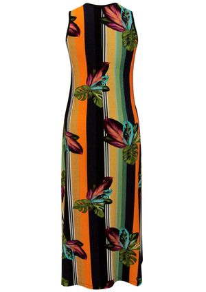 Vestido Pau a Pique Longo Listrado Laranja