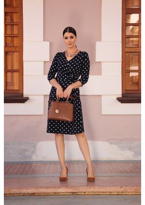 Vestido 3/4 Pau a Pique em poá Azul Marinho