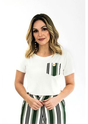 Blusa Pau a Pique Básica Manga Curta Off White e Verde