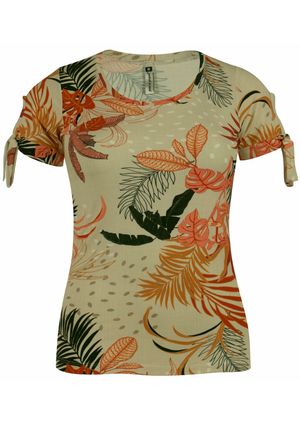 Blusa Pau a Pique Estampada Manga Curta Bege