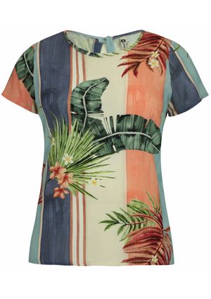 Blusa Pau a Pique Estampada Manga Curta Coral e Azul