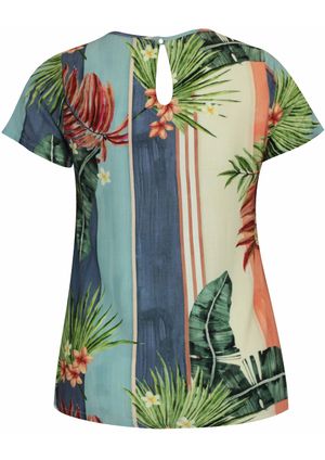 Blusa Pau a Pique Estampada Manga Curta Coral e Azul