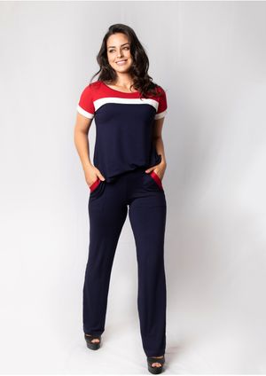 Calça Pau a Pique Básica Azul Marinho e Vermelho