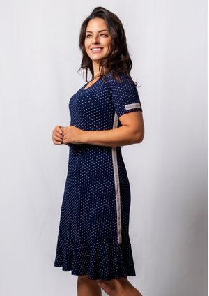 Vestido Pau a Pique Poá Manga Curta Azul Marinho