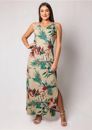 Vestido Longo Pau a Pique Estampado Bege