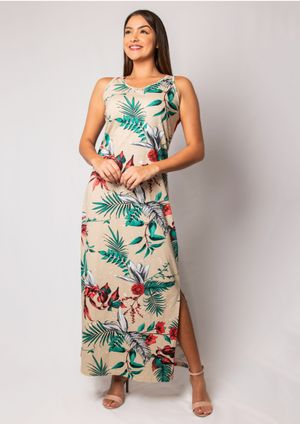 Vestido Longo Pau a Pique Estampado Bege