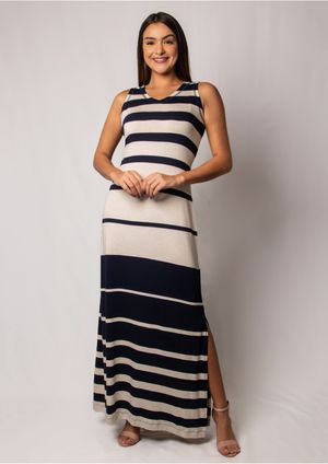 Vestido Longo Pau a Pique Listrado Azul Marinho