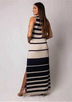 Vestido Longo Pau a Pique Listrado Azul Marinho