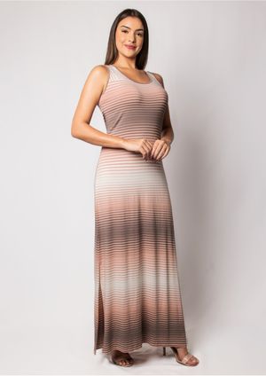Vestido Longo Pau a Pique Listrado Salmom e Chocolate