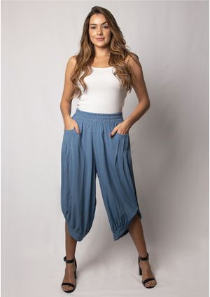 Calça Pau a Pique Pantacourt Viscose Azul