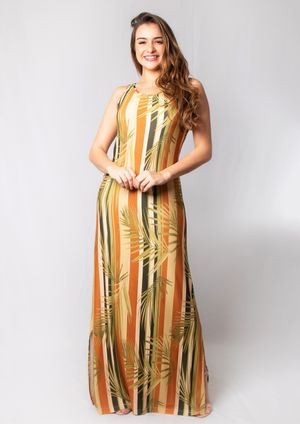 Vestido Longo Pau a Pique Listrado Laranja e Verde