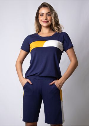 Shorts Pau a Pique Viscolycra Azul Marinho e Mostarda