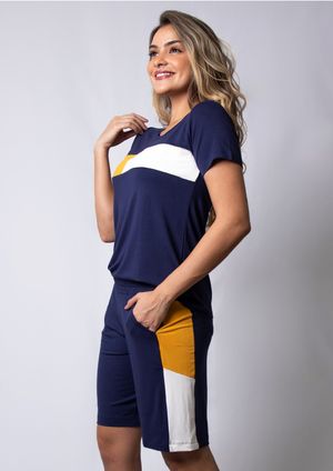 Shorts Pau a Pique Viscolycra Azul Marinho e Mostarda