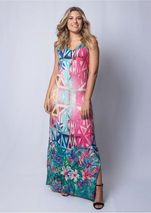 Vestido Longo Pau a Pique Estampado Azul e Verde
