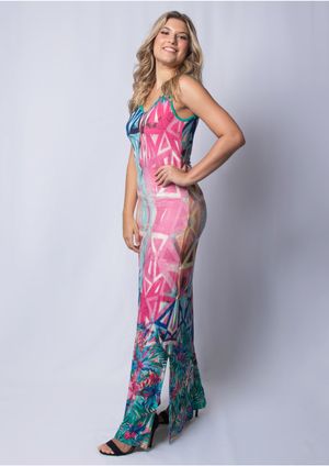 Vestido Longo Pau a Pique Estampado Azul e Verde