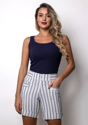 Shorts Viscose Pau a Pique Listrado Azul Marinho
