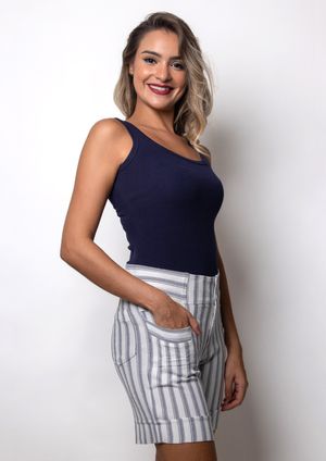 Shorts Viscose Pau a Pique Listrado Azul Marinho
