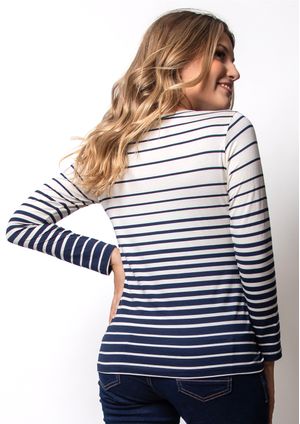 Blusa m/l Pau a Pique Listrada Azul Marinho