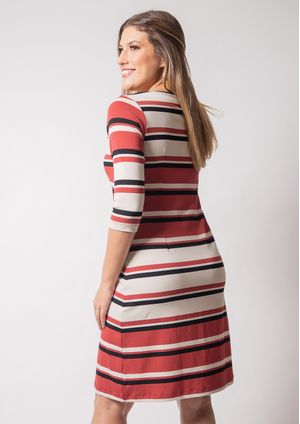 Vestido 3/4 Pau a Pique Listrado Telha