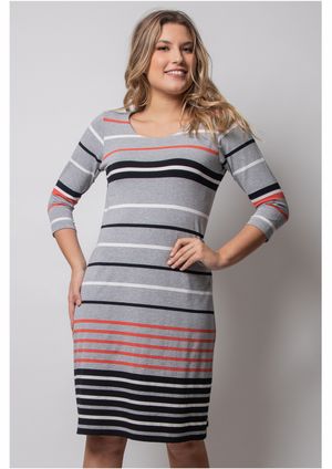 Vestido 3/4 Pau a Pique Listrado Cinza