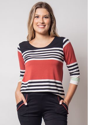 Blusa 3/4 Pau a Pique Listrada Preto e Telha