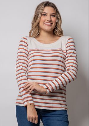 Blusa Manga Longa Pau a Pique Listrada Cru e Telha