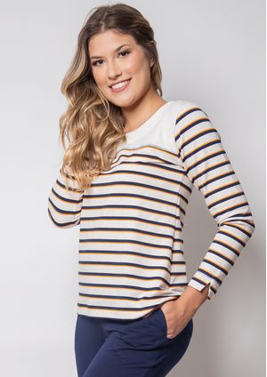 Blusa Manga Longa Pau a Pique Listrada Cru e Azul Marinho