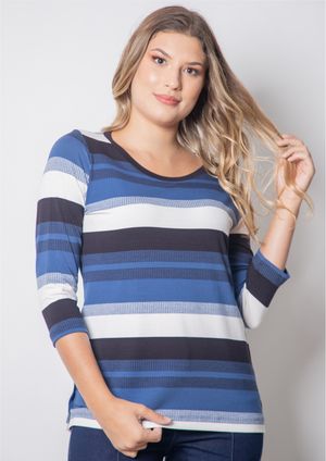 Blusa 3/4 Pau a Pique Listrada Azul