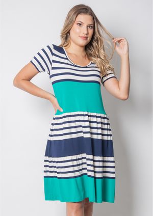Vestido Pau a Pique Listrado Azul Marinho e Verde