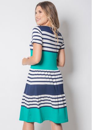 Vestido Pau a Pique Listrado Azul Marinho e Verde