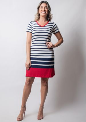 Vestido Pau a Pique Listrado Azul Marinho e Vermelho