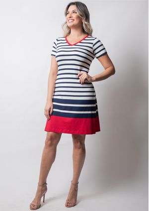 Vestido Pau a Pique Listrado Azul Marinho e Vermelho