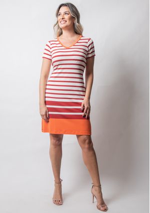 Vestido Pau a Pique Listrado Laranja e Vermelho