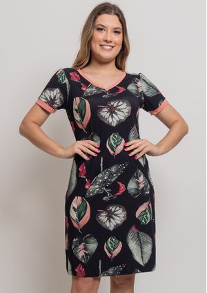 Vestido Pau a Pique Estampado Preto e Rosa