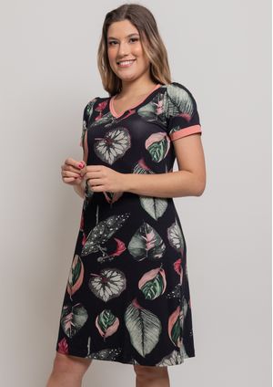 Vestido Pau a Pique Estampado Preto e Rosa
