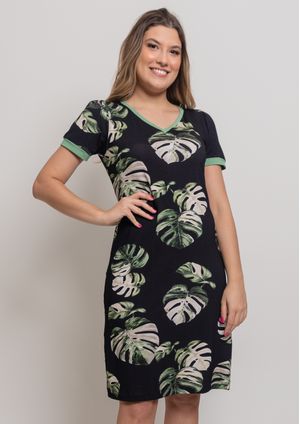 Vestido Pau a Pique Estampado Preto e Verde