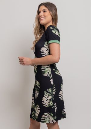 Vestido Pau a Pique Estampado Preto e Verde