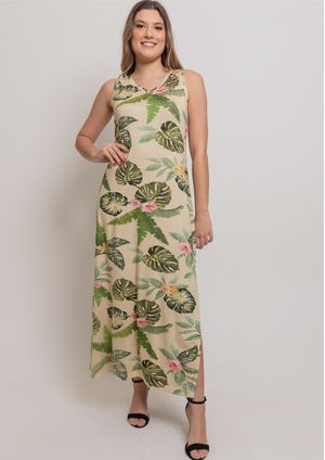 Vestido Longo Pau a Pique Estampado Bege