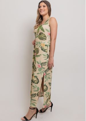 Vestido Longo Pau a Pique Estampado Bege