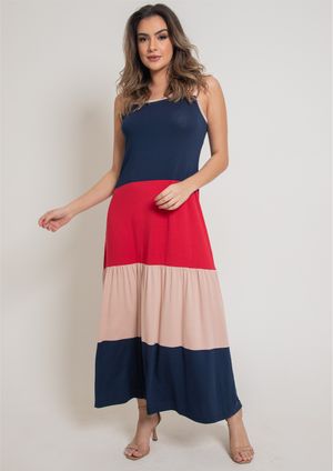 Vestido Longo Pau a Pique Básico Azul Marinho, Salmom e Vermelho