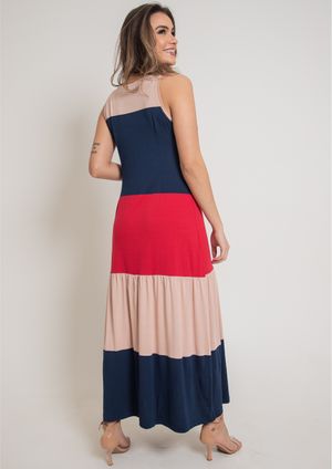 Vestido Longo Pau a Pique Básico Azul Marinho, Salmom e Vermelho