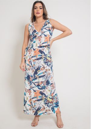 Vestido Longo Pau a Pique Estampado Azul