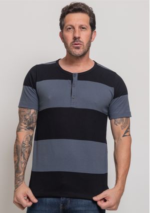 Camiseta botões Pau a Pique Listrada Cinza