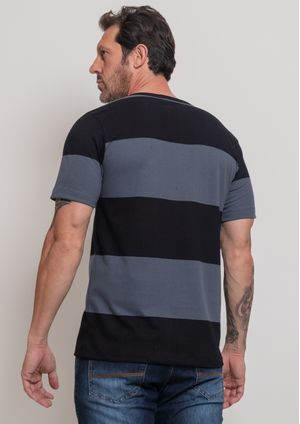 Camiseta botões Pau a Pique Listrada Cinza
