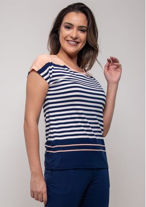 Blusa Pau a Pique Listrada Azul Marinho e Salmom