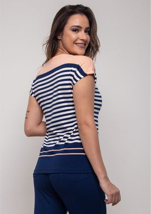 Blusa Pau a Pique Listrada Azul Marinho e Salmom