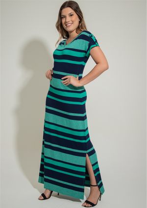 Vestido Longo Pau a Pique Listrado Verde e Azul Marinho