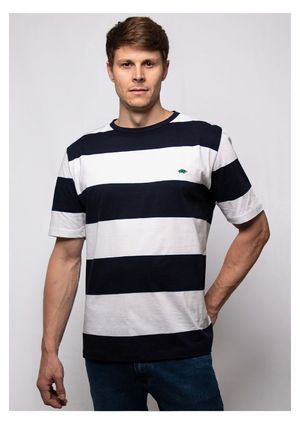 Camiseta Pau a Pique Listrada Azul Marinho e Branco