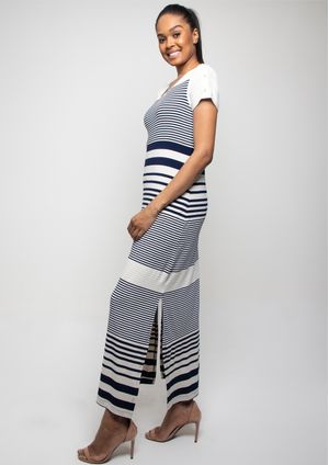 Vestido Longo Pau a Pique Listrado Bege e Azul Marinho
